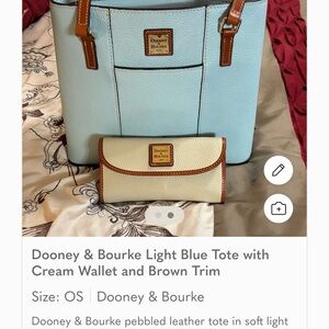 Dooney & Bourke Light Blue Tote with Cream Wallet and Brown Trim Accents